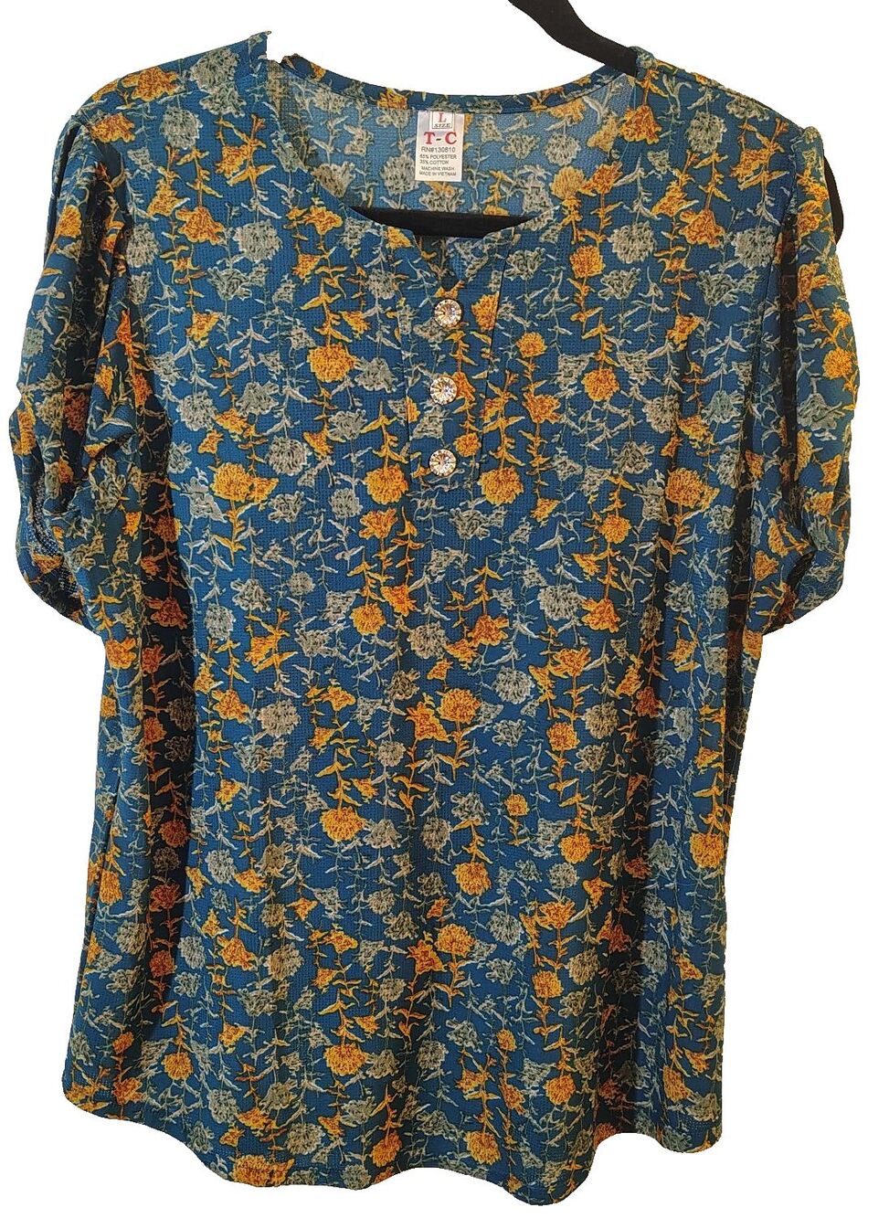 T-C Fashion women's size Large blouse multicolor print v-neck 3/4 sleeves - Picture 4 of 15